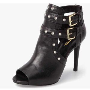 XYD Black Studs Peep Toe Ankle Boot High Heel Buckled Double Straps Cutout Shoes